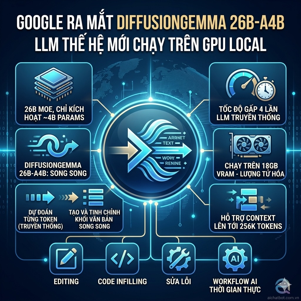 Google Ra Mắt mô hình AI mở: DiffusionGemma 26B-A4B: Sinh Văn Bản Song Song, Nhanh Gấp 4 Lần